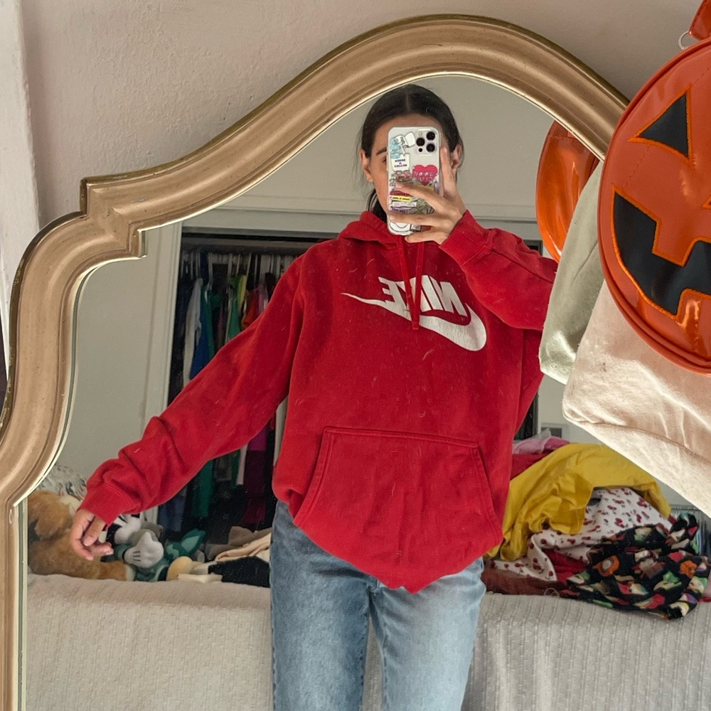 red nike spelllout hoodie
